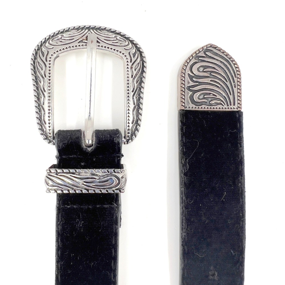 Womens Black Velvet Western Belt Silver Buckle Goth Glam Western Cowgirl 32-36